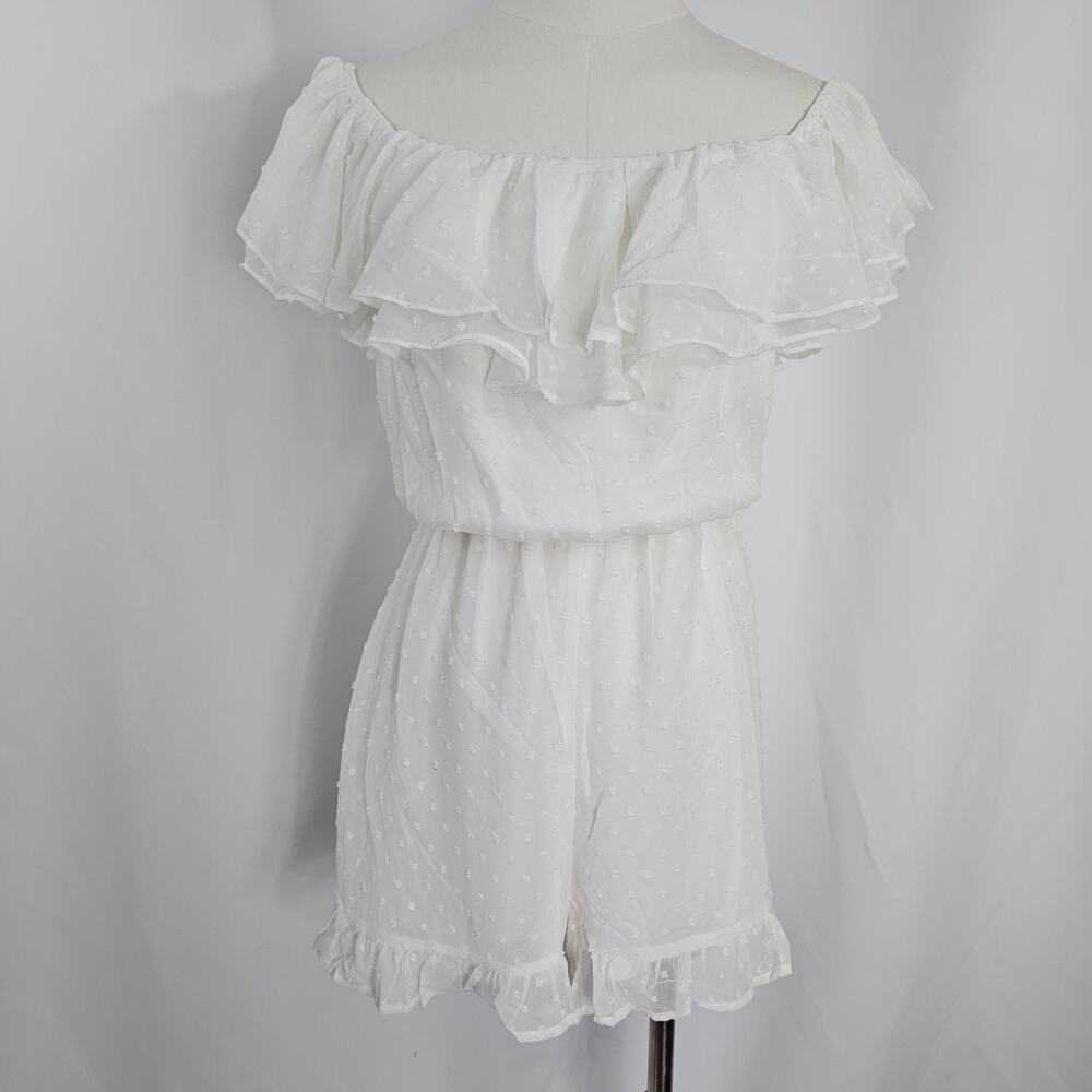 Lulus White Swiss Dot Ruffled Off The Shoulder Romper Women's Size M NWT - Picture 2 of 13